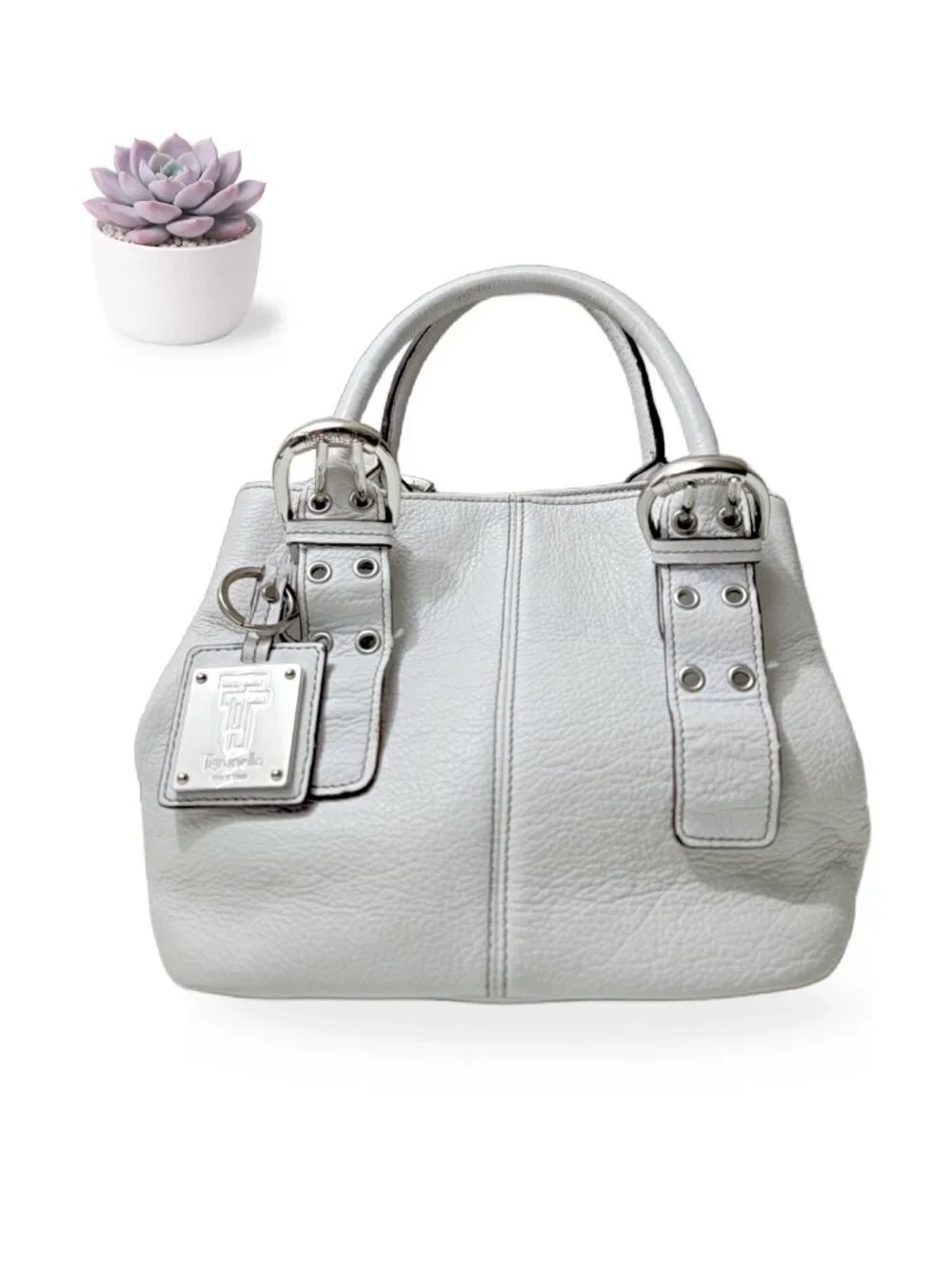 Tignanello White Pebbled Leather Satchel Shoulder Bag Silver Buckle Hardware
